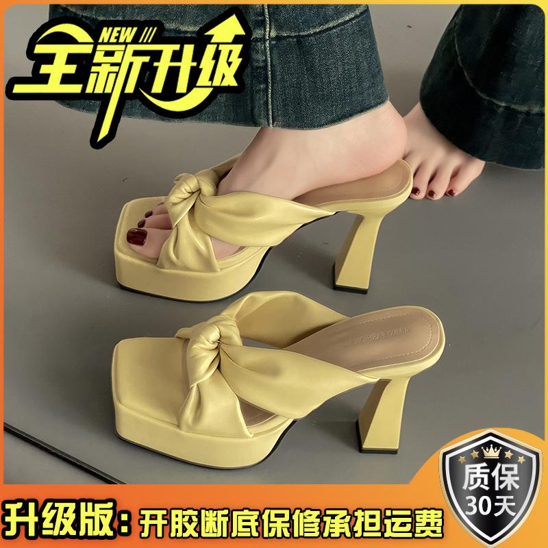 Fashion Temperament Bow Women's Thick Heel One-word Slippers Summer Retro Height Increase and Thin High Heel Cool Slippers