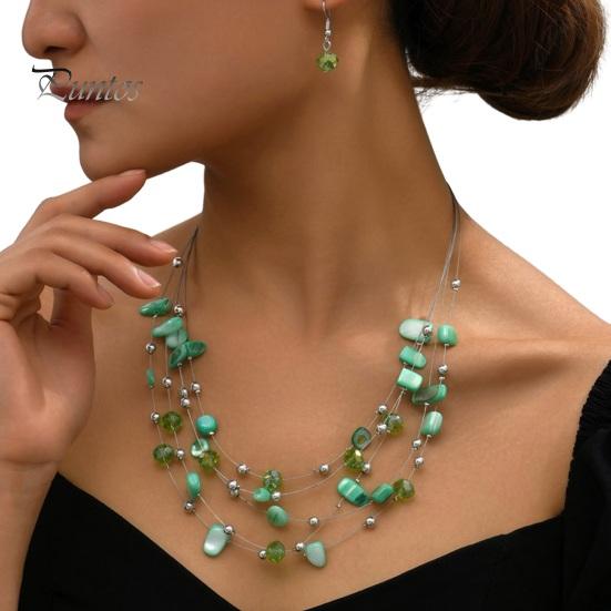 סט תכשיטי שרשרת עגילים בסגנון בוהמי רב שכבות א-סימטרי אבן מצופה אלקטרופוס קריסטל מלוטש וחלק תכשיטי שרשרת עגילים