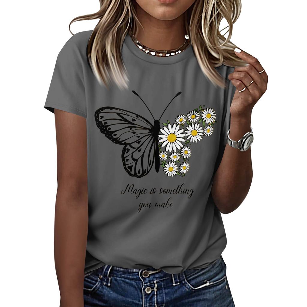 Dámské ležérní tištěné tričko s kulatým výstřihem, svetr s krátkým rukávem