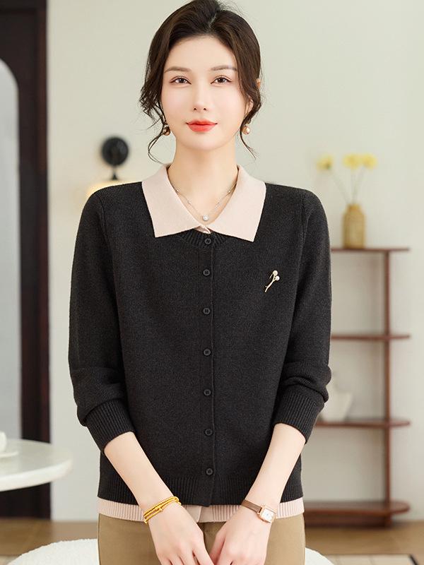 

Chic Red Lapel Sweater for Women, Ideal for Spring/Autumn, Knitted Cardigan, Faux Two-Piece Design for Middle-Aged Style. 4XL (approx. 83-90 kg) чёрный
