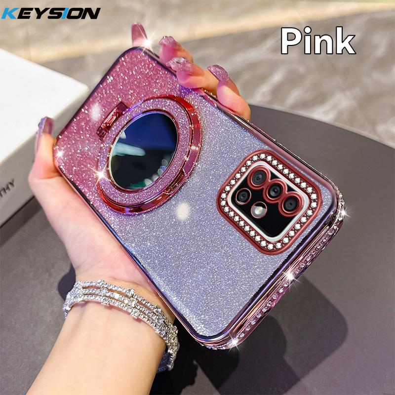 

KEYSION Роскошный блестящий чехол с драгоценными камнями, магнитный чехол для телефона Samsung Galaxy A51 4G, зеркало для макияжа, кольцо-подставка, ударопрочная задняя крышка for Samsusng A51 4G розовый