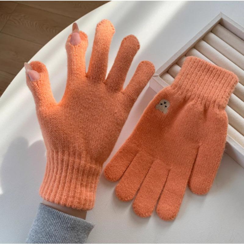 Korean Cute Bear Embroidered Wool Gloves for Women Autumn and Winter Knitted Touch Screen Student Warm Cycling Gloves Windproof