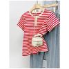 T-shirt da donna a righe rosse e bianche, manica corta, con scollo Henley