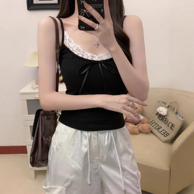 Pure Sexy Lace Splicing Pit Strap Tank Top Women with Chest Pad with Slim-fit Bottom Shirt