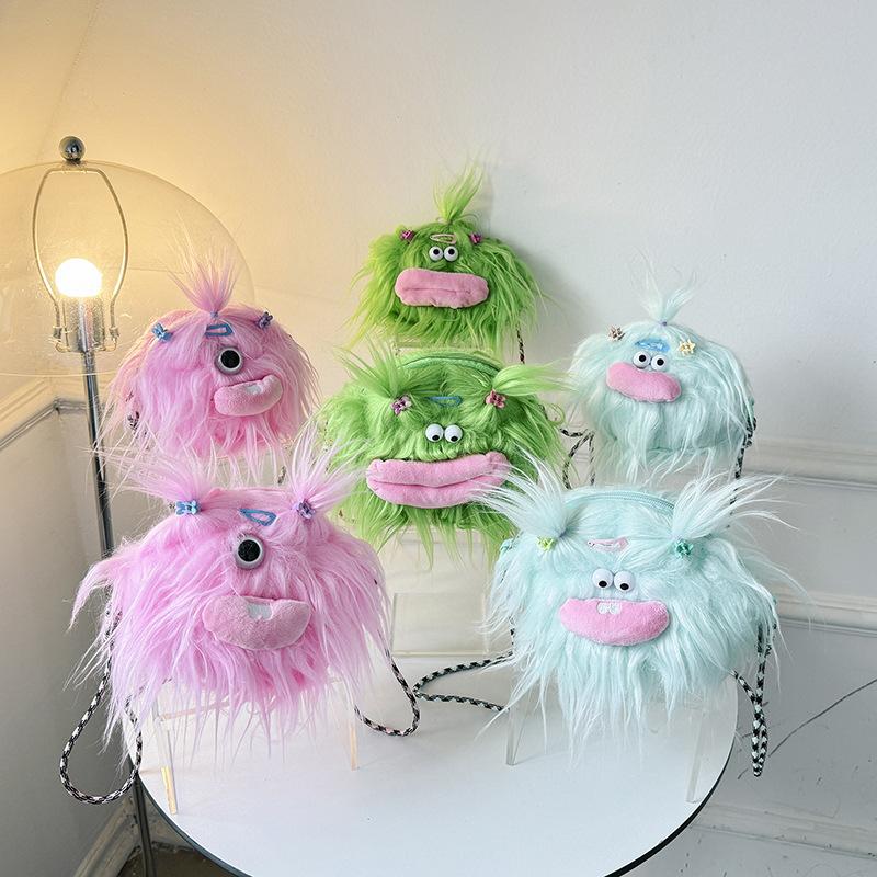 Women cute long hair little monster creative girl crossbody bag long braid funny doll shoulder bag girl