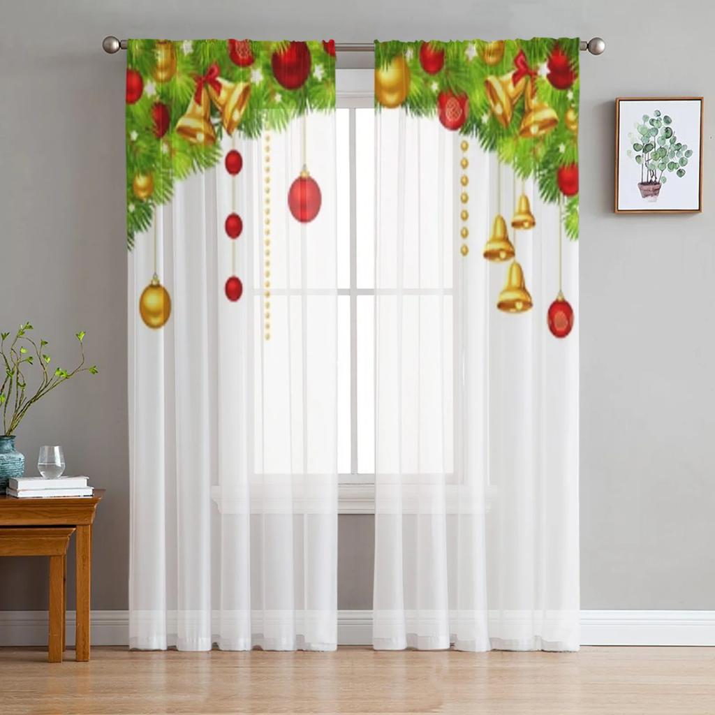 Farmhouse Christmas Ball Curtain Living Room Cafe Xmas Gifts Balls Window Curtains Kitchen Bedroom Outdoor Yard Sheer Polyester Ideal For