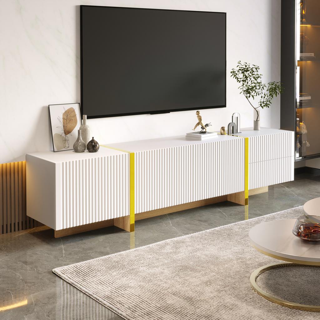 190 cm TV Cabinet, 3 Doors, 2 Drawers, White with Gold and Wood Grain