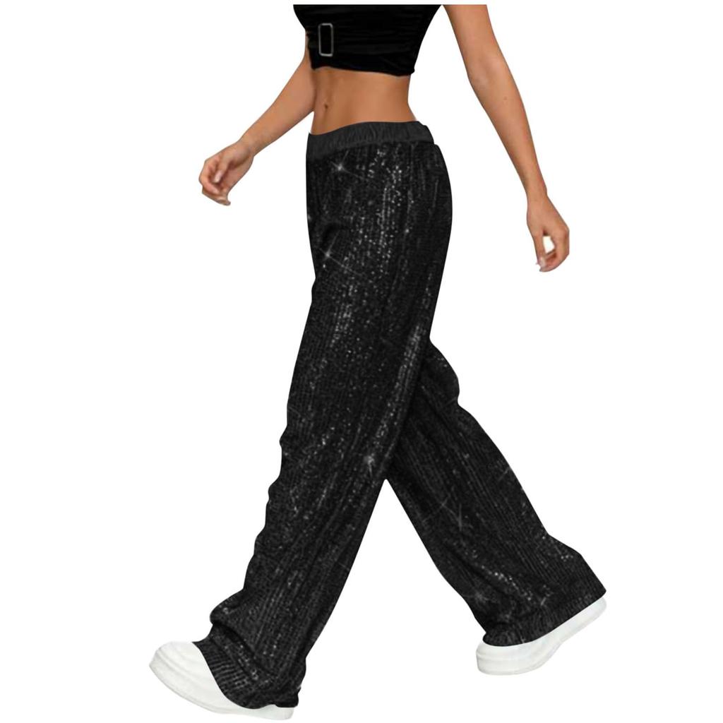 Sequin Pants Women Stretchy High Waist Wide Leg Pant Casual Loose Glitter Trousers Bling Party Clubwear