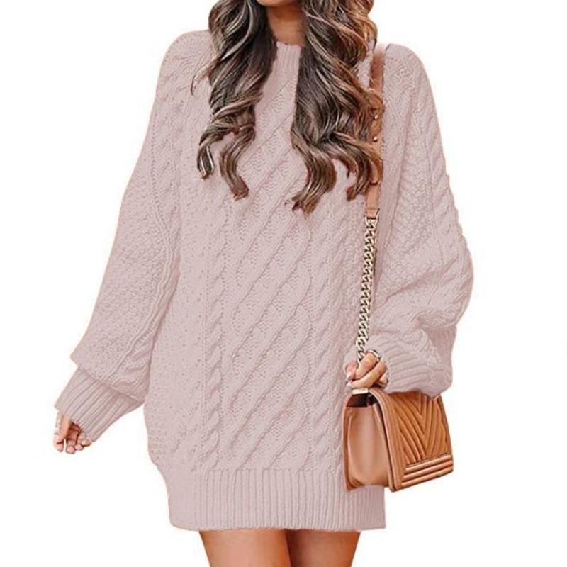 2025 New Women's Oversized Chunky Knit Dress | Cable Crew Neck Long Sleeve Sweater | Warm Mid-Length Pullover for Winter AW25 Fashion (S-3XL)