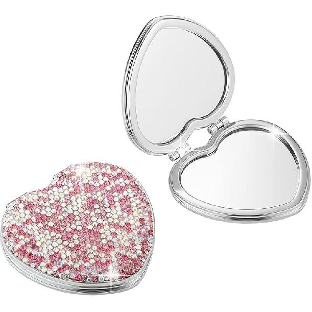 AsAlways Rhinestone Compact Pocket Mirror Portable Travel Cute Cosmetic Mirror Folding Handheld Double-Sided 1x/2x Magnifying Purse Mirror (Silver)