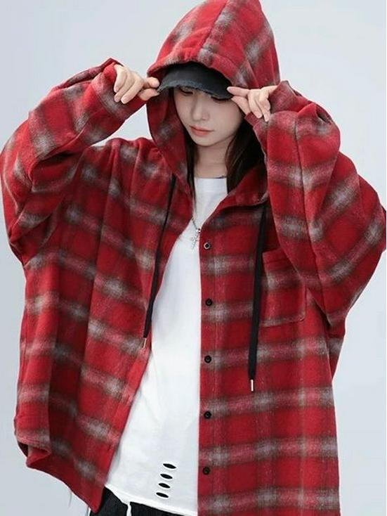 2024 Unisex Loose Fit Hong Kong Plaid Hooded Shirt Jacket - Mid-Length Casual Top