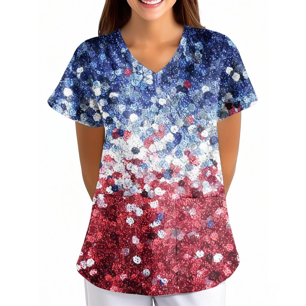 Women's Independence Day Printed Loose V-Neck Pocket Short-Sleeve Caregiver/Uniform