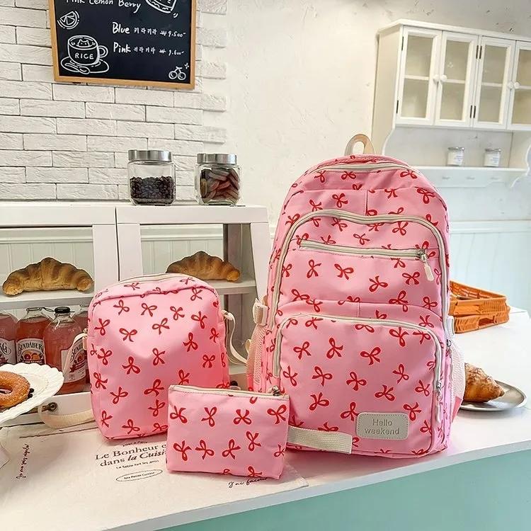 Bow Print Women Large Capacity Backpacks Lightweight Simple Student Schoolbag Female Bag Three-Piece Set