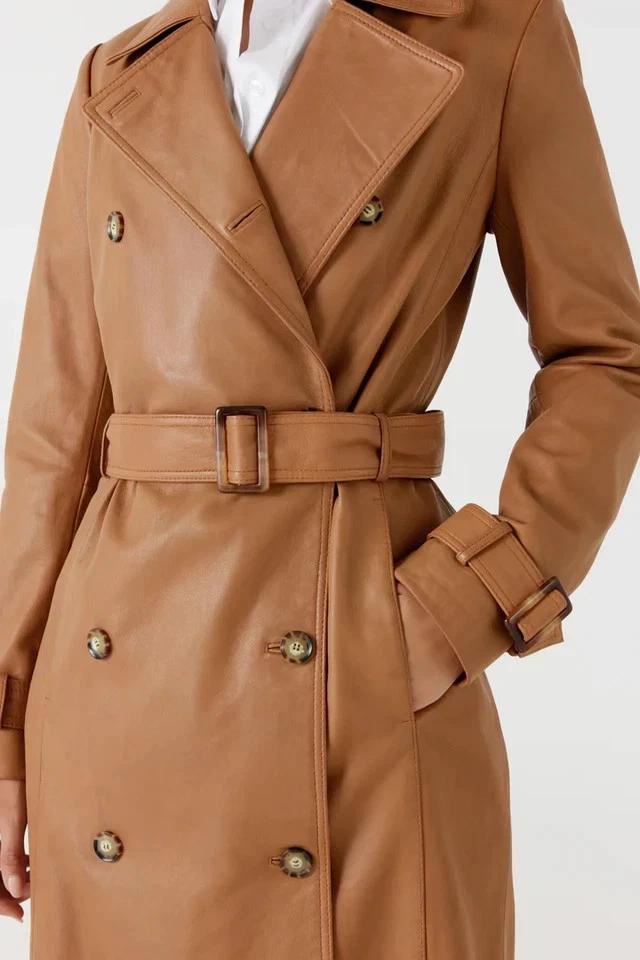 Handmade Lambskin Party Genuine Women's Coat Trench Tan Leather Casual Stylish
