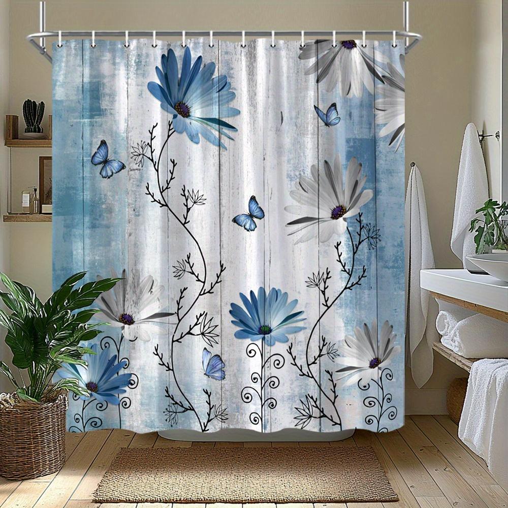 1pc Light blue and white daisy patterned shower curtain, machine washable, polyester fabric, suitable for bathroom décor.