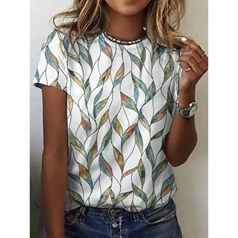 Summer Round Neck 3D Flower Print Top Fashionable Casual Short Sleeved Women's T-shirts