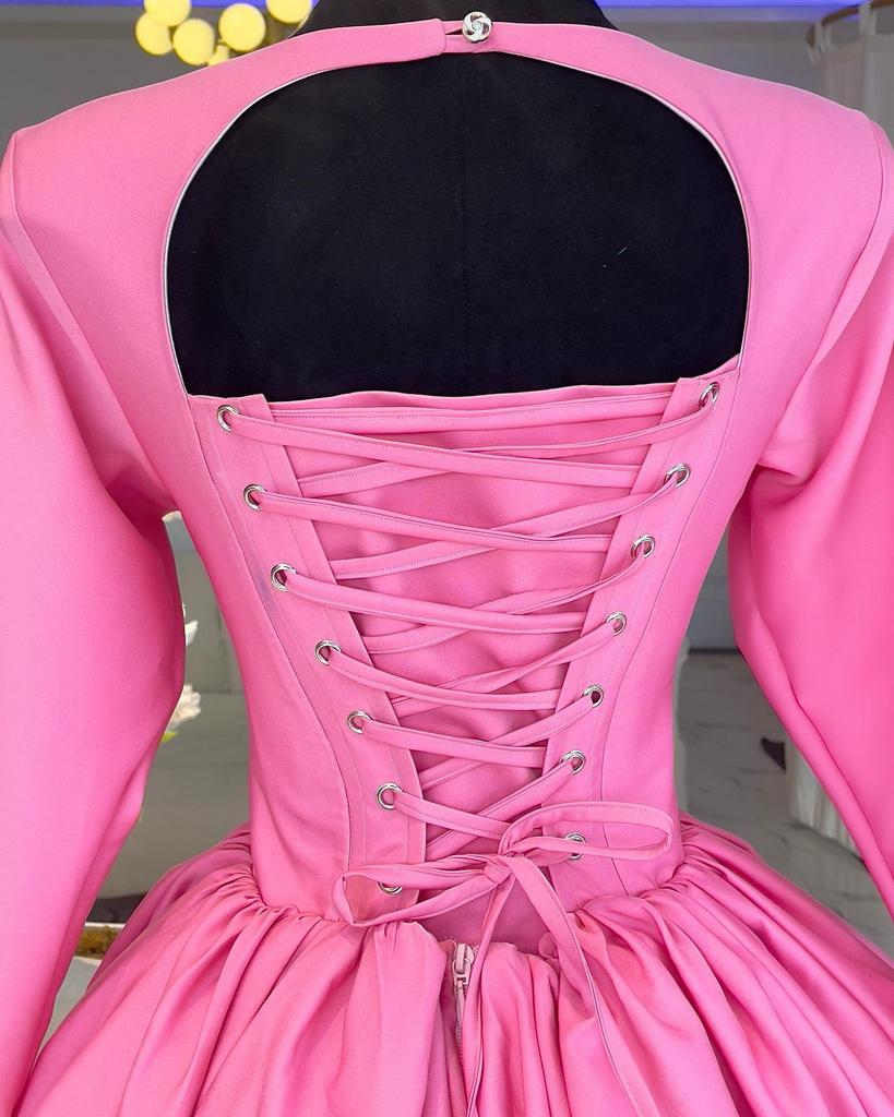 2025 Spring Elegant A-Line Dress: Women's High Waist, Long Sleeve Round Neck with Tie Detail