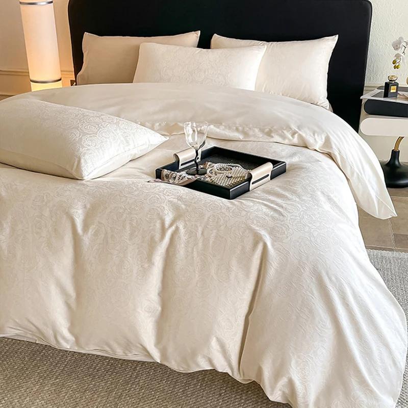 Light Luxury Satin Jacquard Solid Fitted Sheet Sets Pure Cotton Skin-Friendly Soft Quilt Cover 1.5/1.8M Bed Bedding for Adults