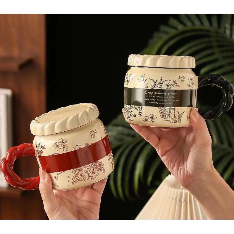 Retro Ceramic Cup with Lid Mug Souvenir Gift Cup National Trend Ins Flower Water Cup Girls Household Cup