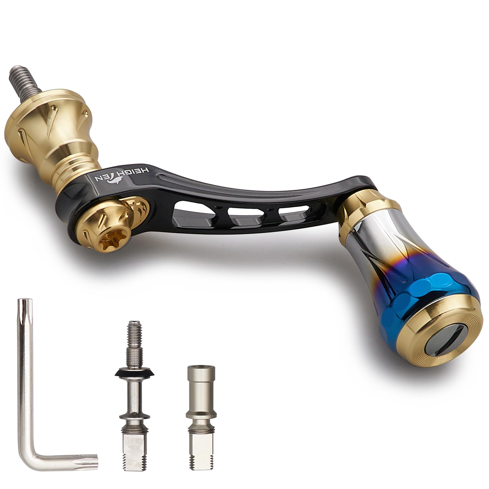 

HEIGHTEN Variable Reel Handle 20mm Burnt Aluminum Knob for Shimano Daiwa Universal Spinning Reels Arch Aurora Series 45-50mm 6.8g (Black & Gold)