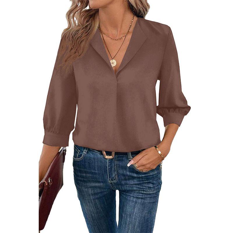 Fashion Pure Color Minimalist Loose Pullover Tops Women's 2025 Spring New Arrival Commuter's All-Matching V Neck Chiffon Shirt Women