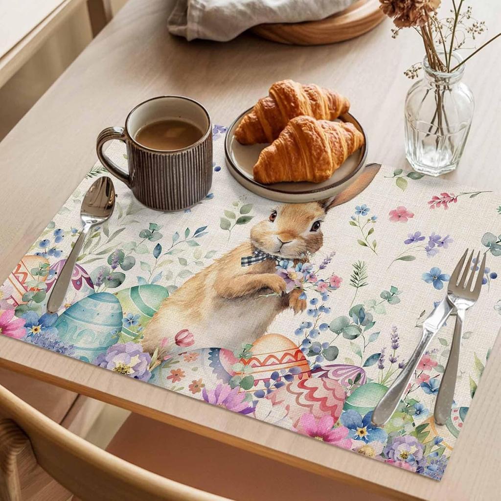 Easter Bunny Egg Floral Placemats Holiday Party Decor Spring Flowers Leaf Plants Dining Table Mats Place Mats Easter Decorations