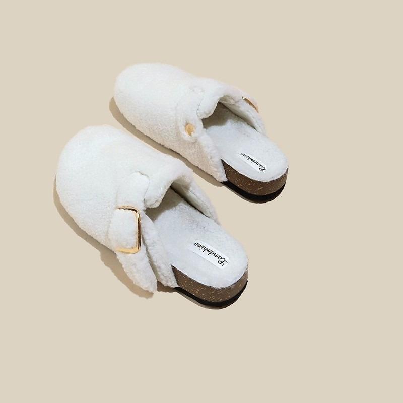 Lamb wool bag head half slippers women's new thick-soled wool slippers autumn and winter wear half-support single shoes