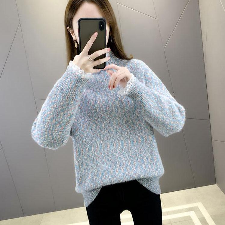 Lace Half High Collar Sweaters Women's Autumn and Winter Large Size Loose Bottom Knitted Pullovers Casual Print Jumpers