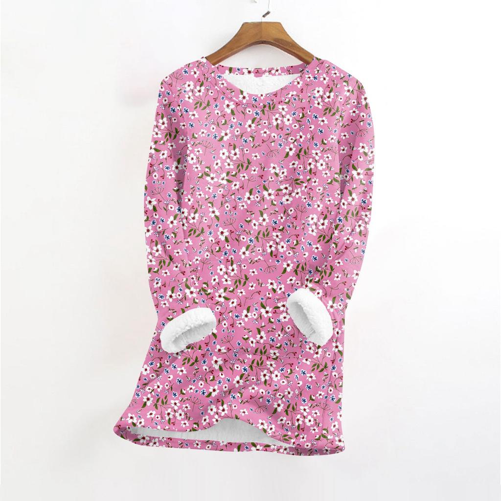 Women's Fashionable Printed Round Neck Long Sleeved Plush Warm Pullover Top