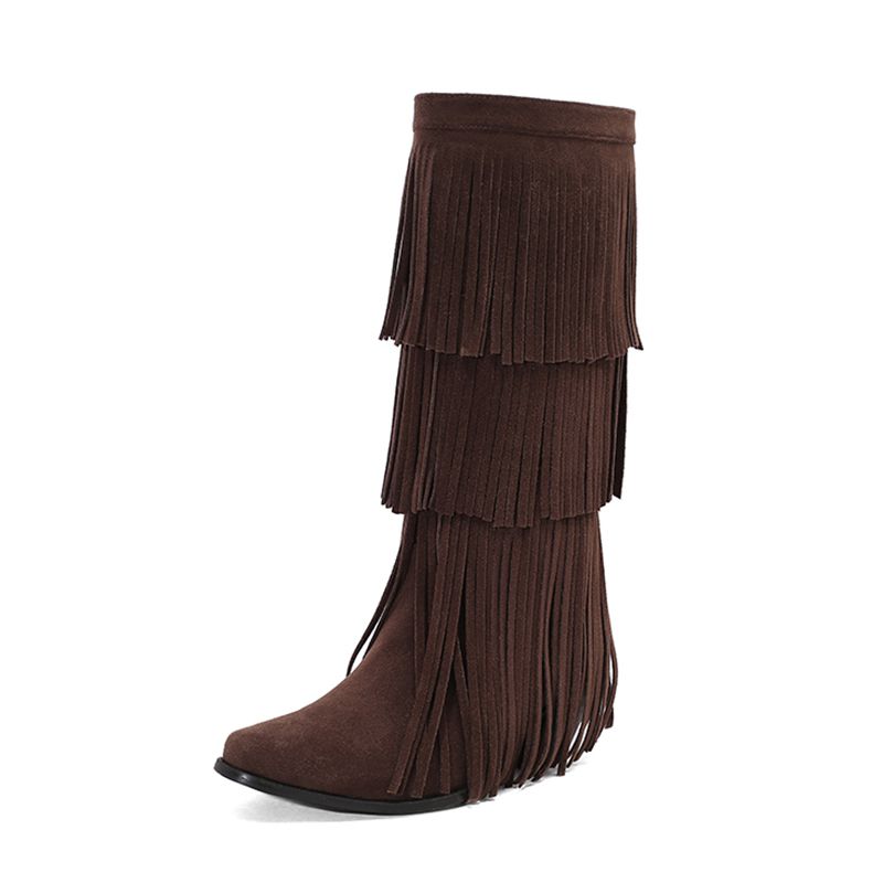 

2025 New Design Women Boots Square Toe Block Heels 6cm Flock Suede Tassels Plus Size 45 46 47 48 Fashion Dating Bota 39 коричневий