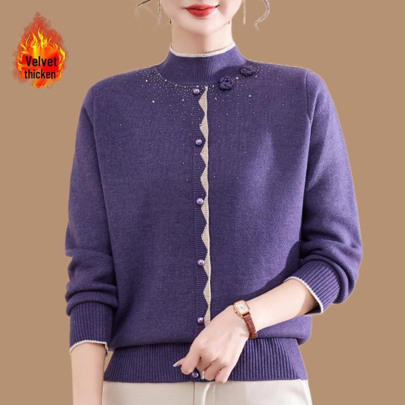 

Mom s Winter Fleece One-Piece Sweater, Half-High Collar, for Middle-Aged & Elderly Women, Thick Knitted, Plus Velvet, Stylish Warm Base Layer. 2XL 105-120 lbs
