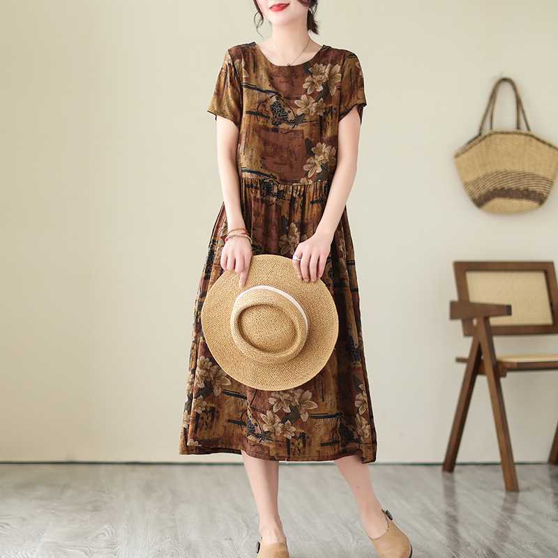 

Летние новые ретро литературные свободные платья с круглым вырезом и короткими рукавами средней длины M темно-коричневого