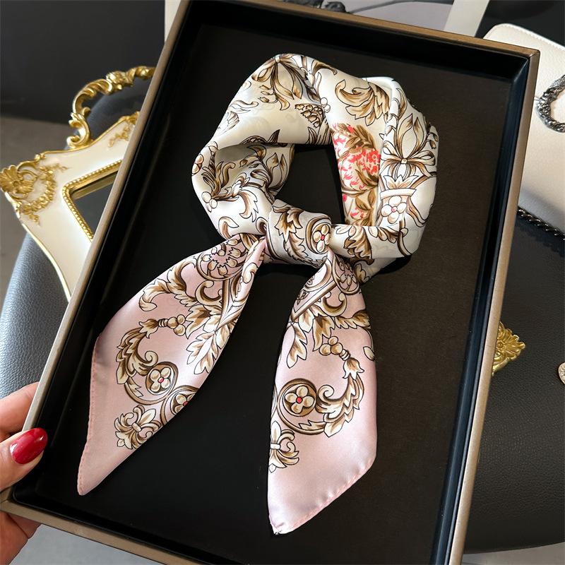 Spring/Summer New70*70cm Square Scarf Breathable Flower  Print Neckerchief Women’s Classical Imitation Silk Bandannas