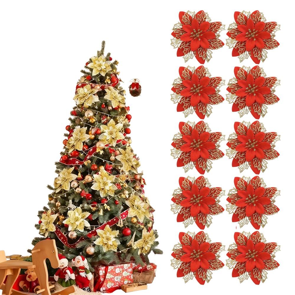 

10pcs Christmas Artificial Flowers Tear-resistant Noel Decorations Wreath Pendant for Navidad Party червоний
