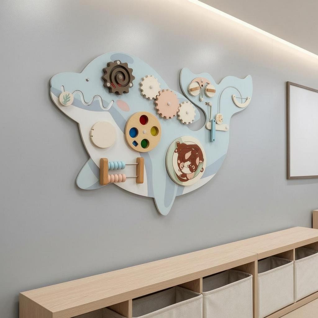 Dolphin Wall Board Light Blue and White Wooden Activity Panel Bead Maze