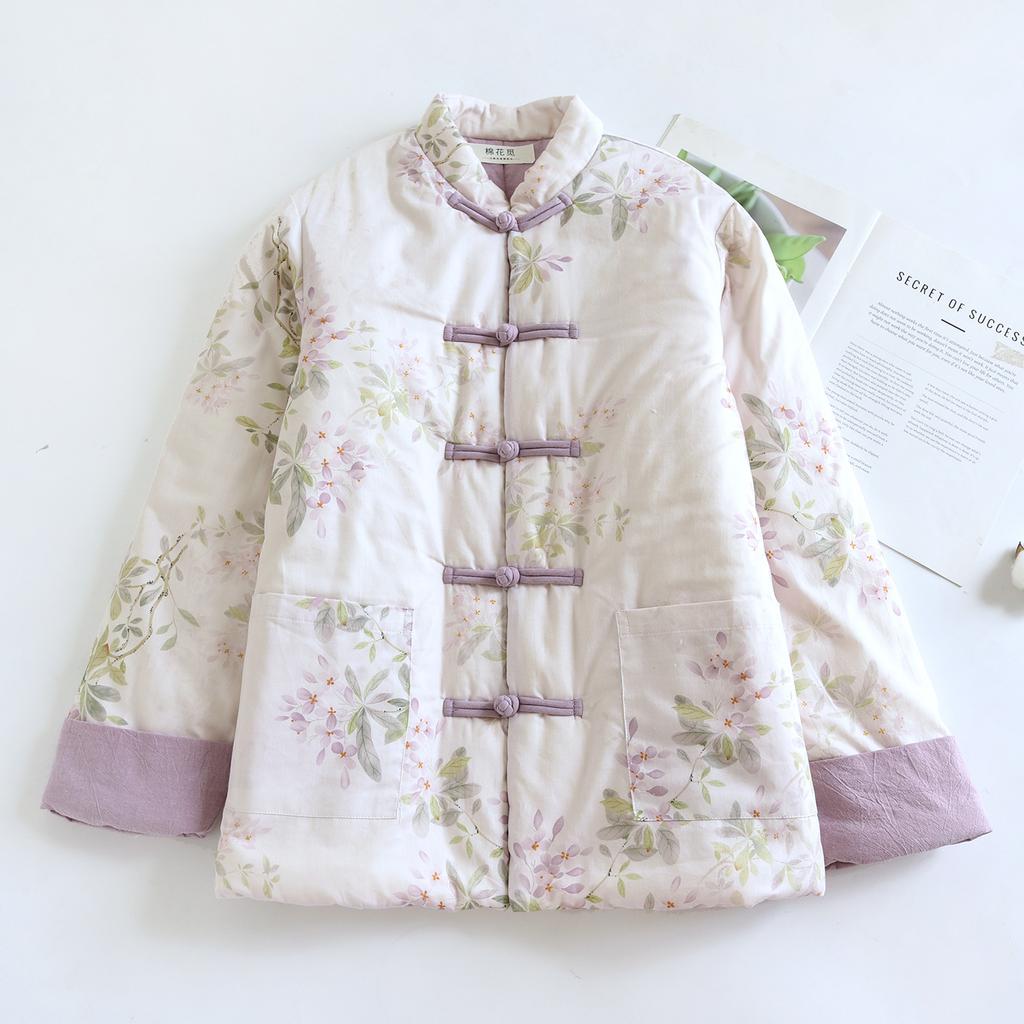 Women's Floral Print Cotton Padded Coat Chinese Style Stand Collar Frog Button Mid Length Winter Jacket