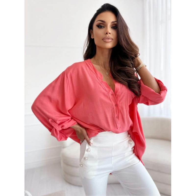Women's Simple Loose Half-open Collar Single-breasted Long-sleeve Solid Color Shirt