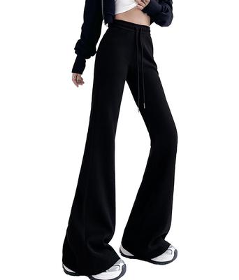 1307 Bootcut Schlaghosen mit Elastik, Lässige Lange Hosen für Training und Laufen [WATAKUMO.FT] Damenhosen, Hoher Bund, (M, Schwarz)