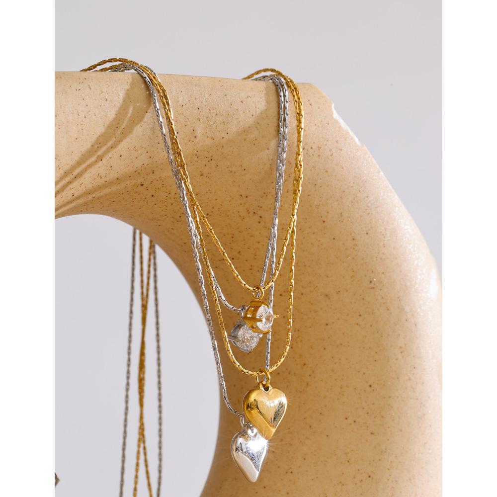 Yhpup Stainless Steel Double-Layer Cubic Zirconia Heart Drop Overlay Necklace Valentine's Day Gift Popular Chic Neck Jewelry