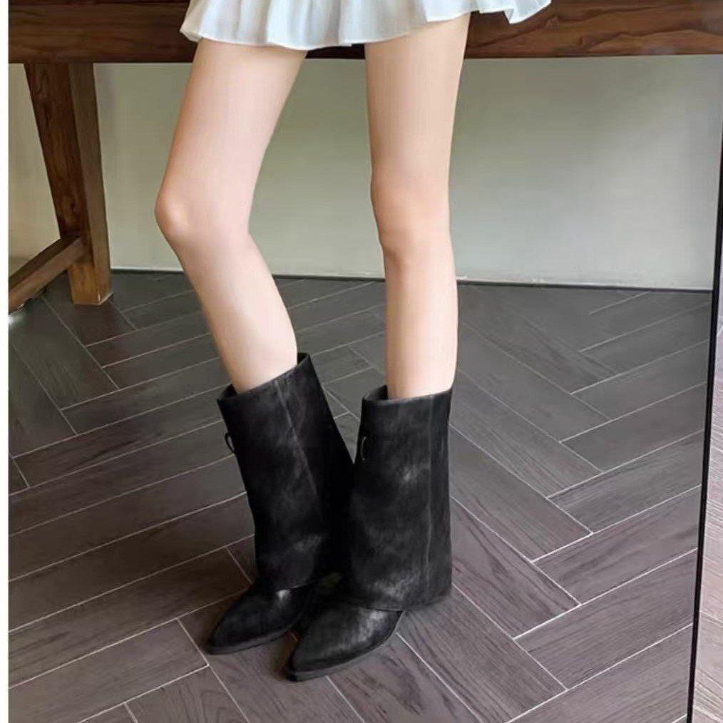 Spice girl foreign style new autumn and winter short boots American western fashion boots temperament niche boots tube middle tube tip
