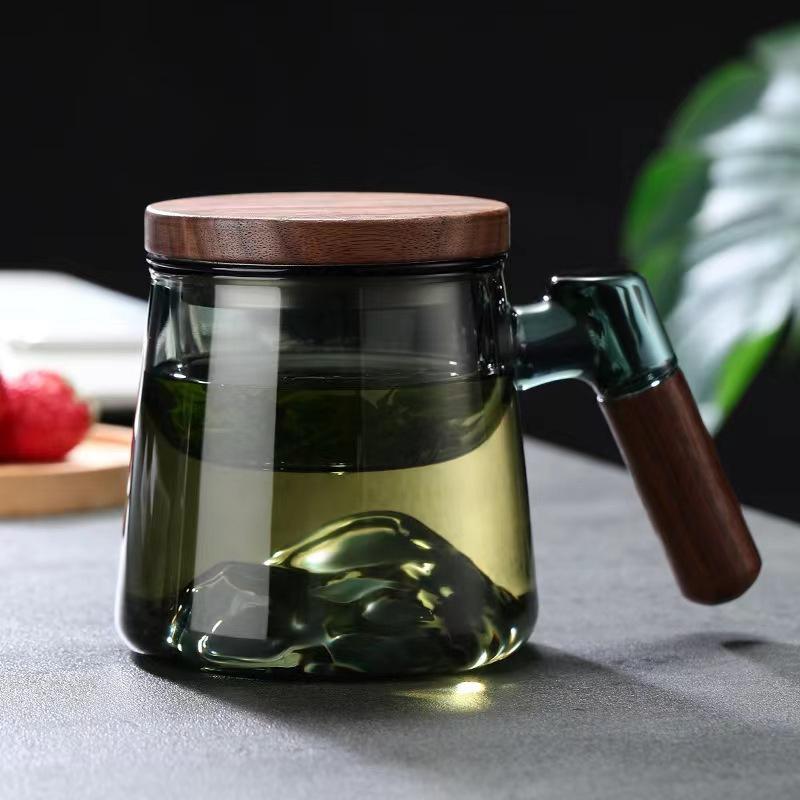 350ml Mountain View Bottom Glass Tea Cup With Wood Handle Chinese Puer Cups High Quality And Convenient Kung Fu Tea Cup Set