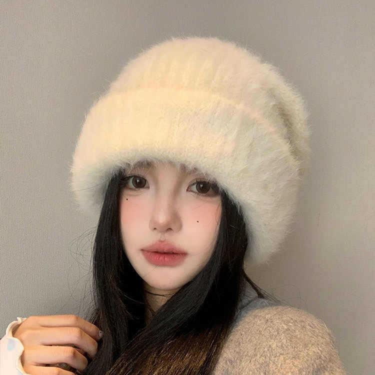 Thickened Rabbit Wool Hat In Autumn and Winter Sweet and Versatile Warm Hat Showing Face and Ear Protection Piles