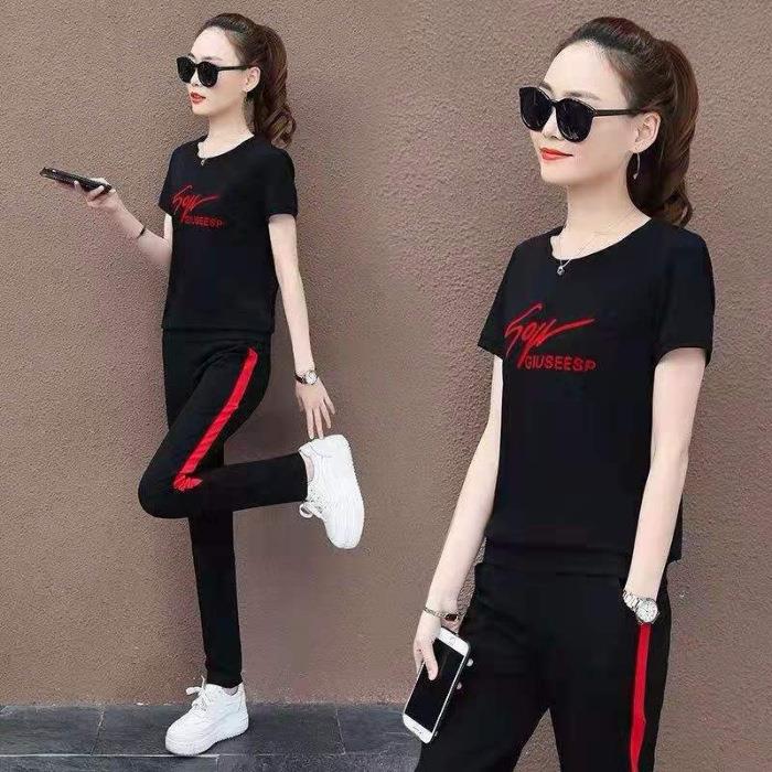 Sports Suit Women's Summer Fashion Round Neck Short-sleeved Trousers Sportswear Korean Version Slim Casual Two-piece Set