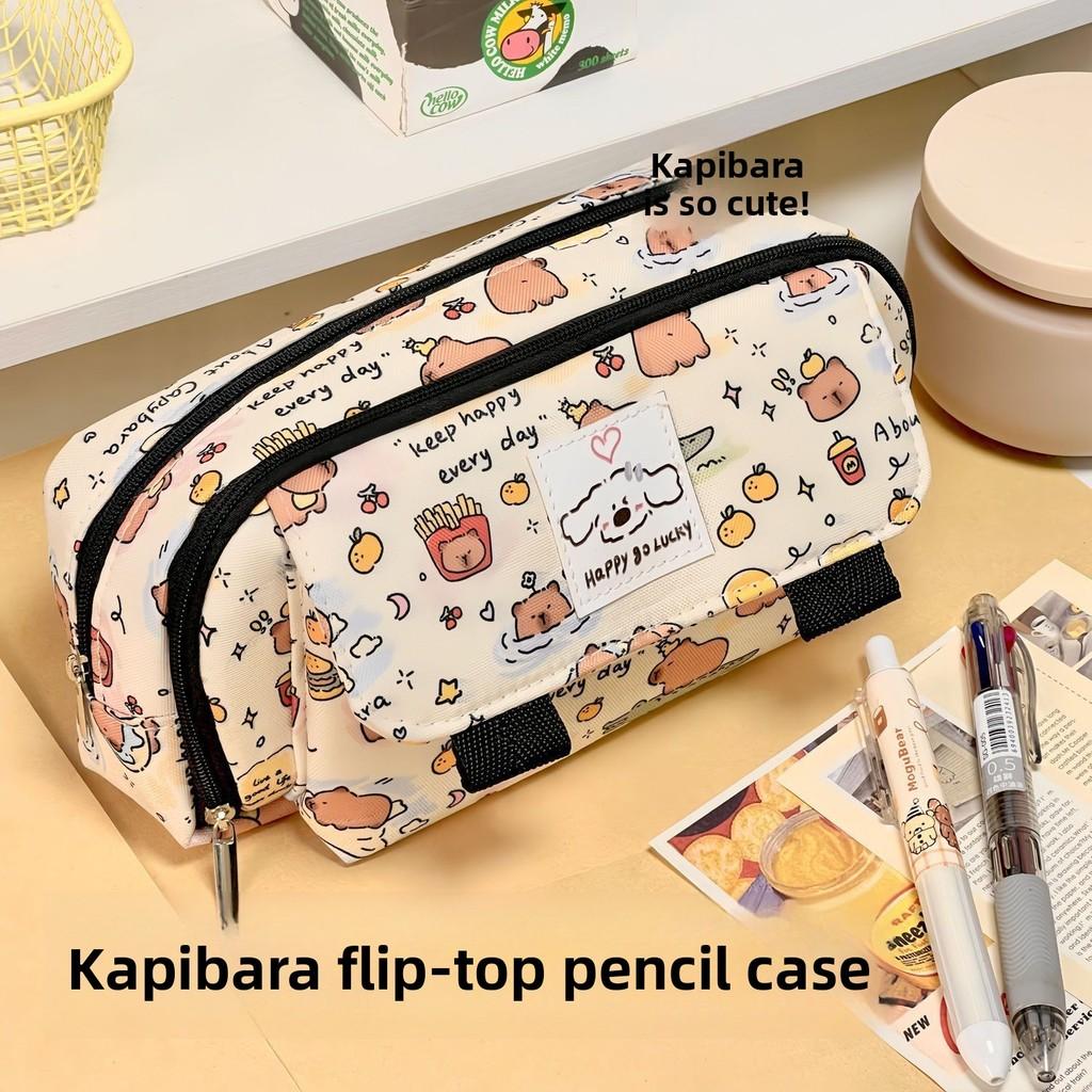 Hello Kitty And Capybara Canvas Storage Bag With Flip Cover For Stationery And Office Supplies