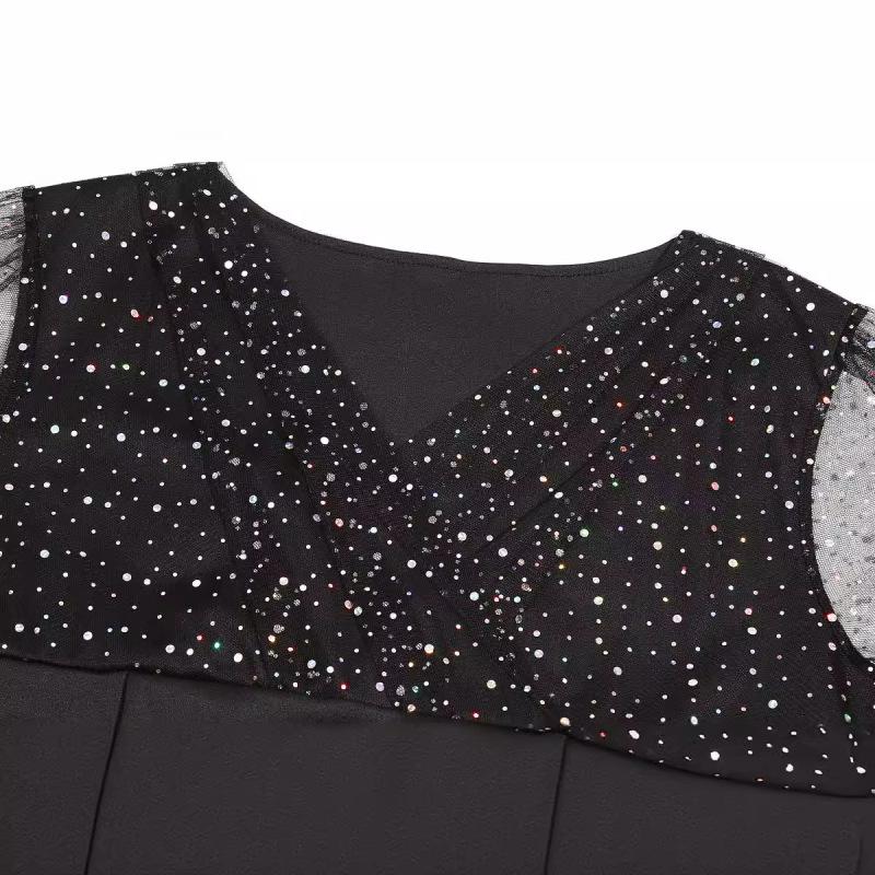 Tooxika Women's Long-sleeved V-neck Sequined Mesh Stitching Pullover Dress Female Sexy Dress