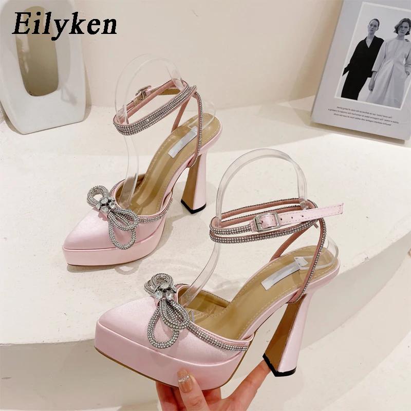 Fashion Eilyken Fashion Bowknot Party Pumps Pointed Toe Sexy Platform Women Shoes Crystal Buckle Strap High Heels Prom Sandal