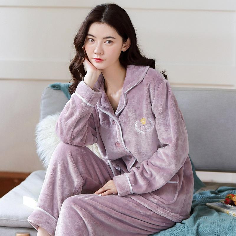 Suit Pajamas, Women's Coral Fleece Pajamas, Autumn and Winter Thickened Warm Flannel Pajamas, Women Can Wear Home Service Outside