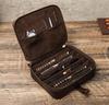 Vintage Cowhide Multi-Compartment Watch Strap Storage Box with Zipper Closure for Mechanical Wristwatches