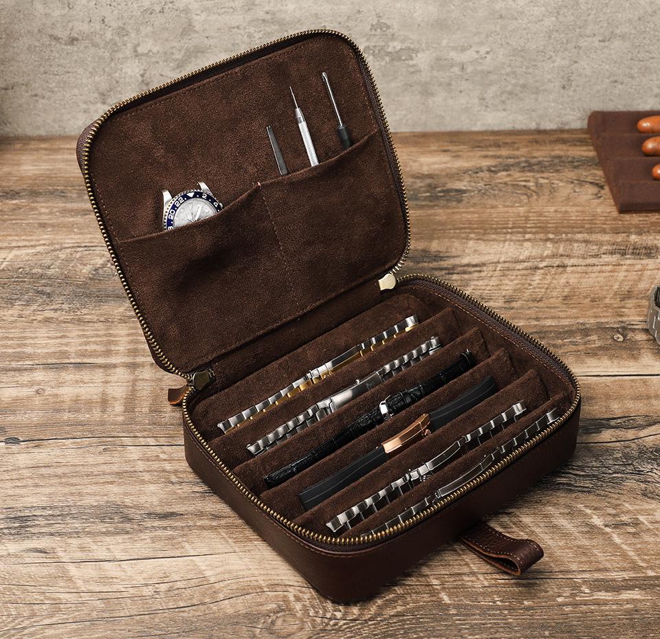 Vintage Cowhide Multi-Compartment Watch Strap Storage Box with Zipper Closure for Mechanical Wristwatches