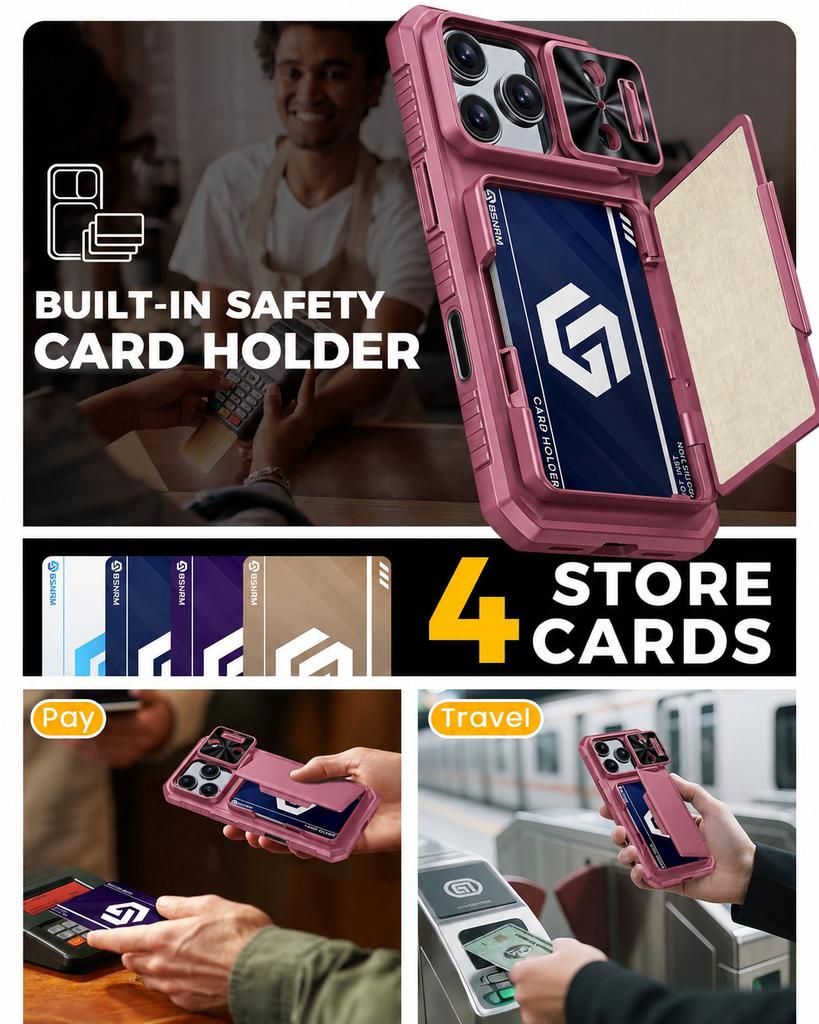 Shockproof Protective Wallet Case with Card Holder, Kickstand and Sliding Camera Cover for iPhone 17 Pro-Pink